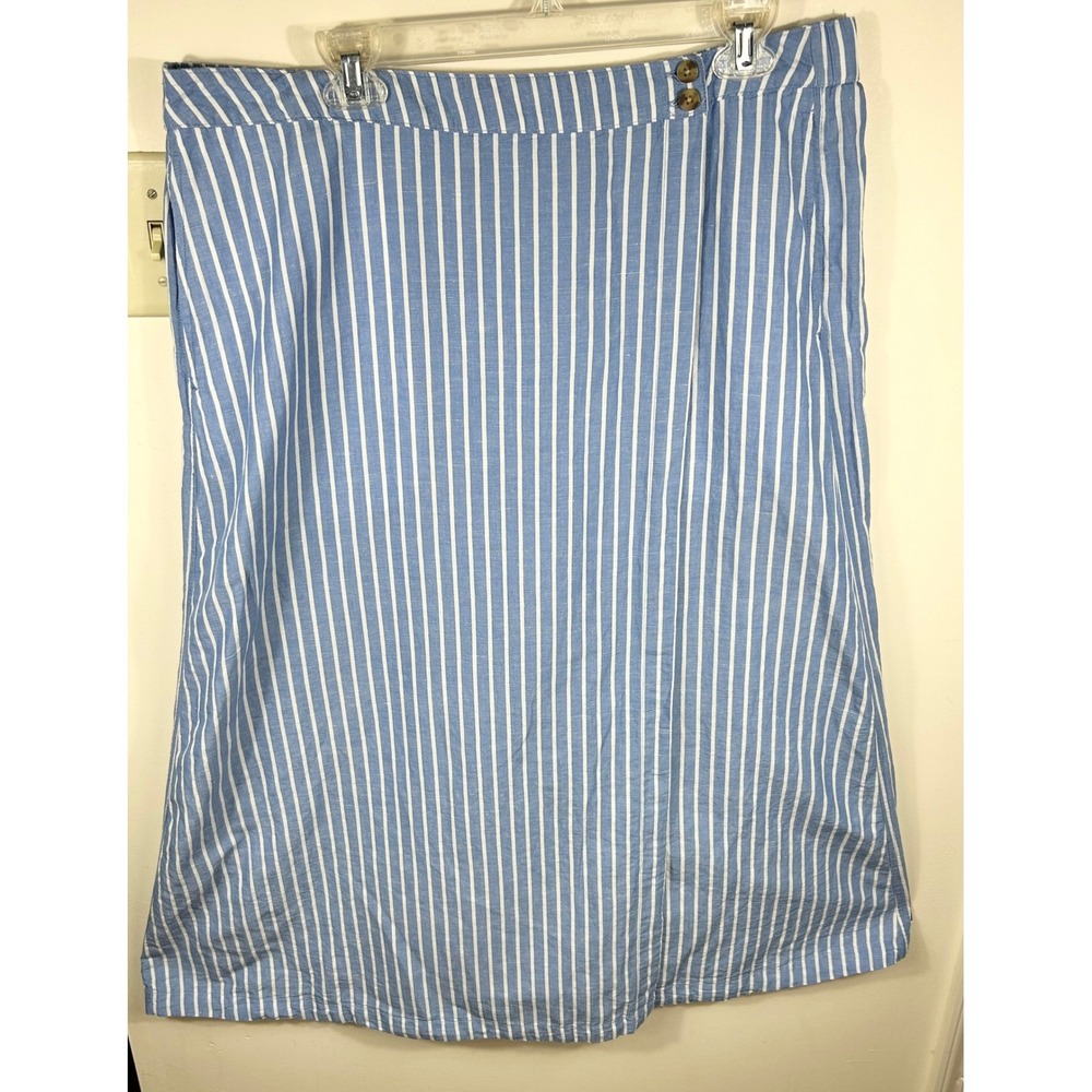 Pact Wrap Skirt Sz XL Blue White Striped Organic Cotton Linen Midi Coastal Chic
